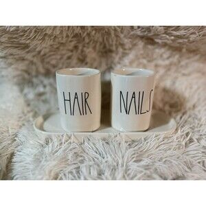 Rae Dunn Hair And Nail Vanity Cups 4” x 3” - Excellent Condition With Tray